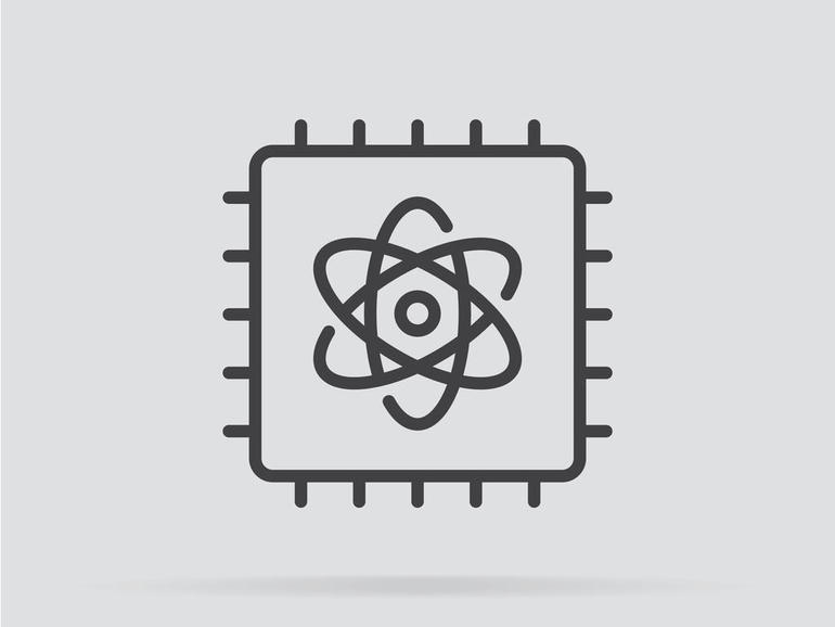 Quantum computer icon in flat style isolated on grey background.
